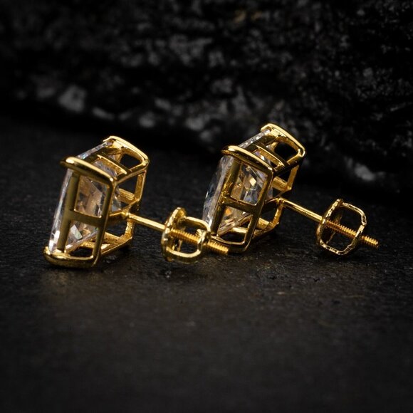 Large Square Princess Cut Yellow Gold Sterling Silver Screw Back Post Earrings - Picture 5 of 5